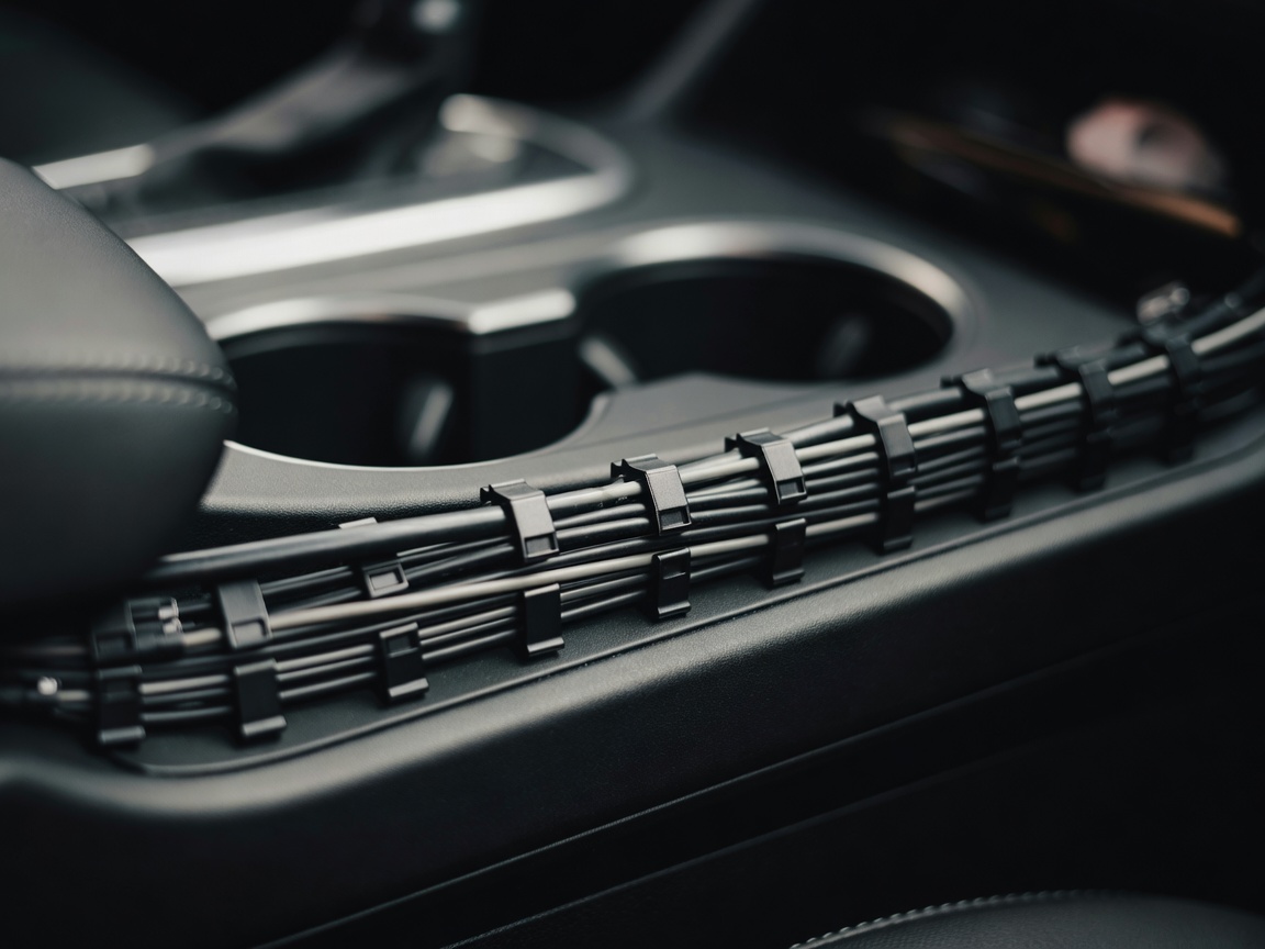 Close-up of a USB-C cable held by clips along a car centre console with blurred background