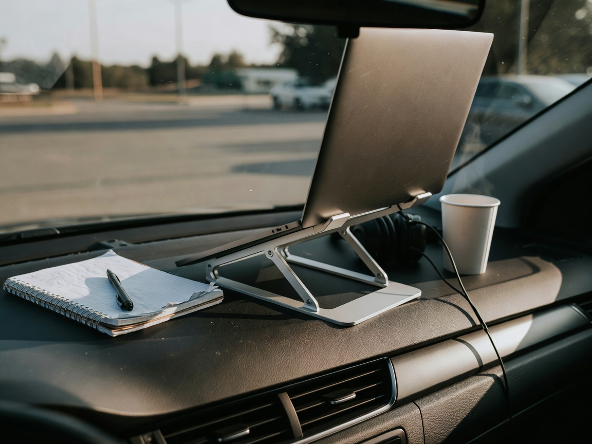 Close-up of a laptop stand on a car dashboard used as the working desk of the index team