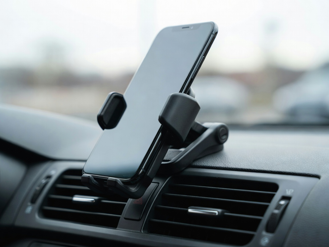 Close-up of a smartphone in a vent-clip phone mount with blurred windscreen and road beyond