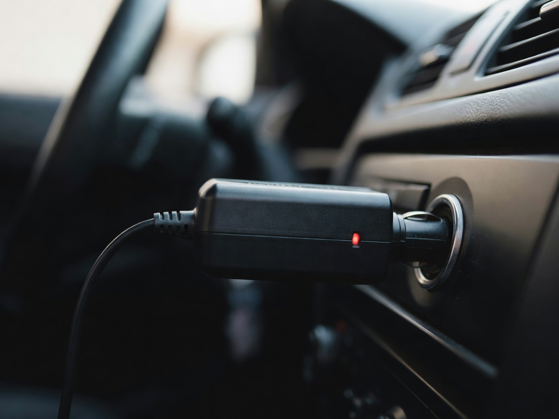 Close-up of a power inverter in a car 12 V socket with shallow depth of field