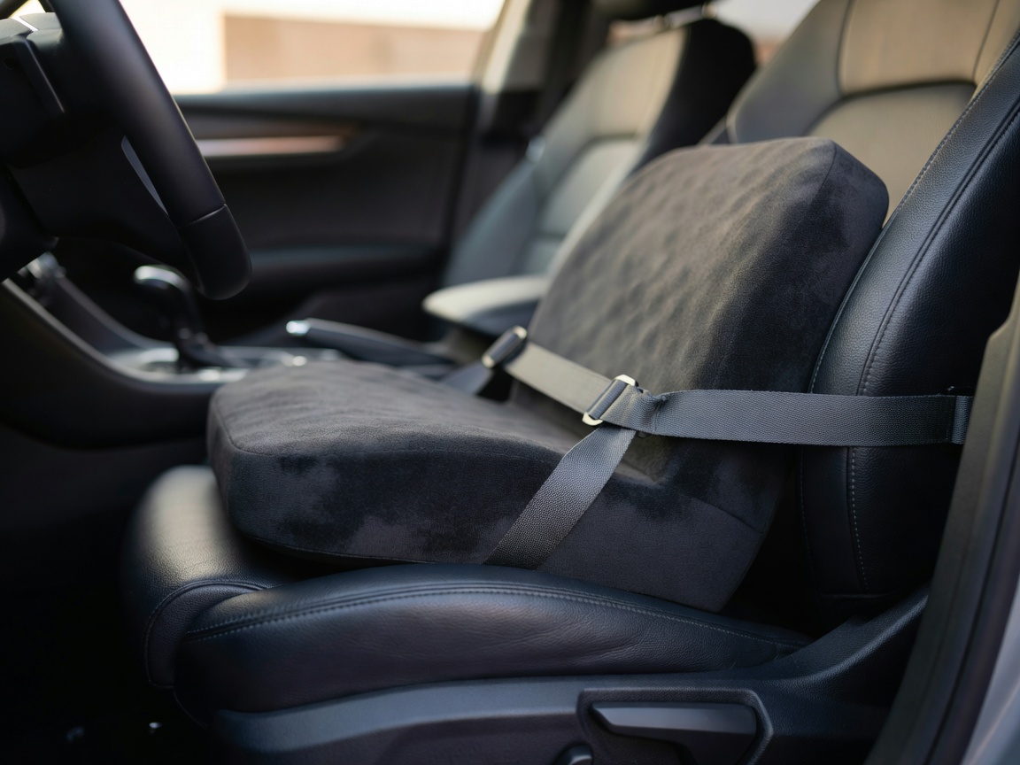 Close-up of a lumbar support cushion on a car seat with soft focus on the seat belt