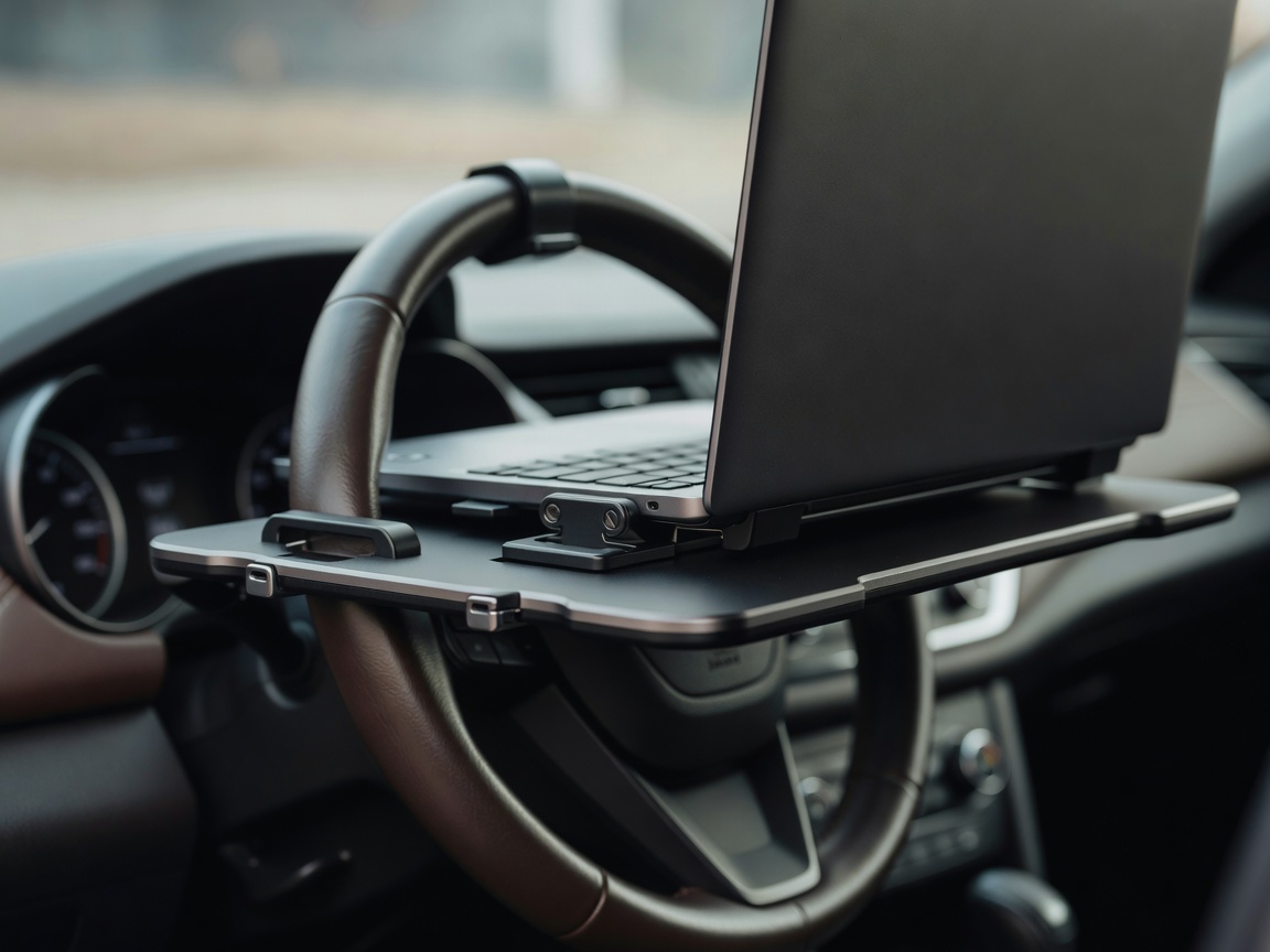 Close-up of a laptop tray hooked over a steering wheel with soft focus on the dashboard